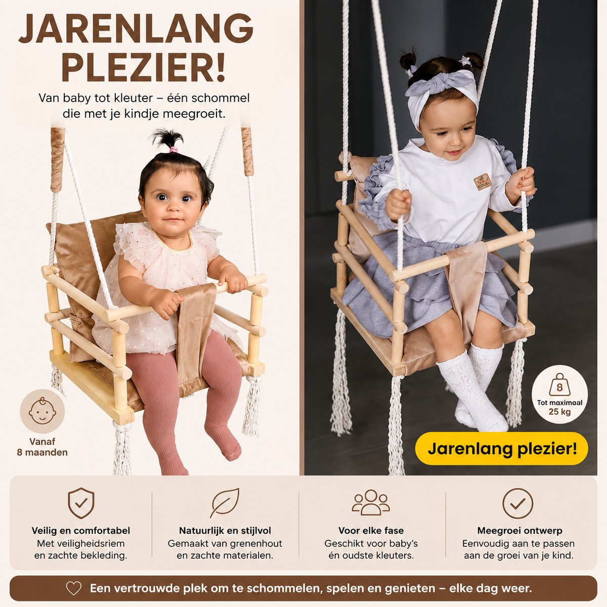 Trendmix Houten Babyschommel 3-in-1 – Meegroei Kinderschommel – Vanaf 8 Maanden – Beige/Bruin – Tot 25 kg - afbeelding 4