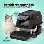 Jake and Jacky RVS Kattenbak - Kattentoilet Roestvrijstaal - Incl. Kattenbakschep met Houder en Gritopvang Opstapje - 2 in 1 Open Kattenbak met Afneembare Deksel - 60x40x38cm - Zwart - afbeelding 2