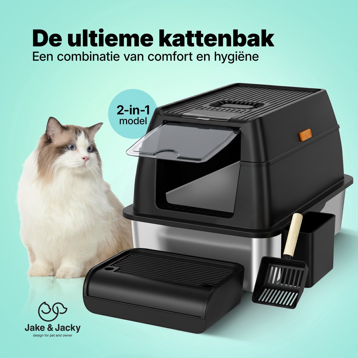 Jake and Jacky RVS Kattenbak - Kattentoilet Roestvrijstaal - Incl. Kattenbakschep met Houder en Gritopvang Opstapje - 2 in 1 Open Kattenbak met Afneembare Deksel - 60x40x38cm - Zwart - afbeelding 2
