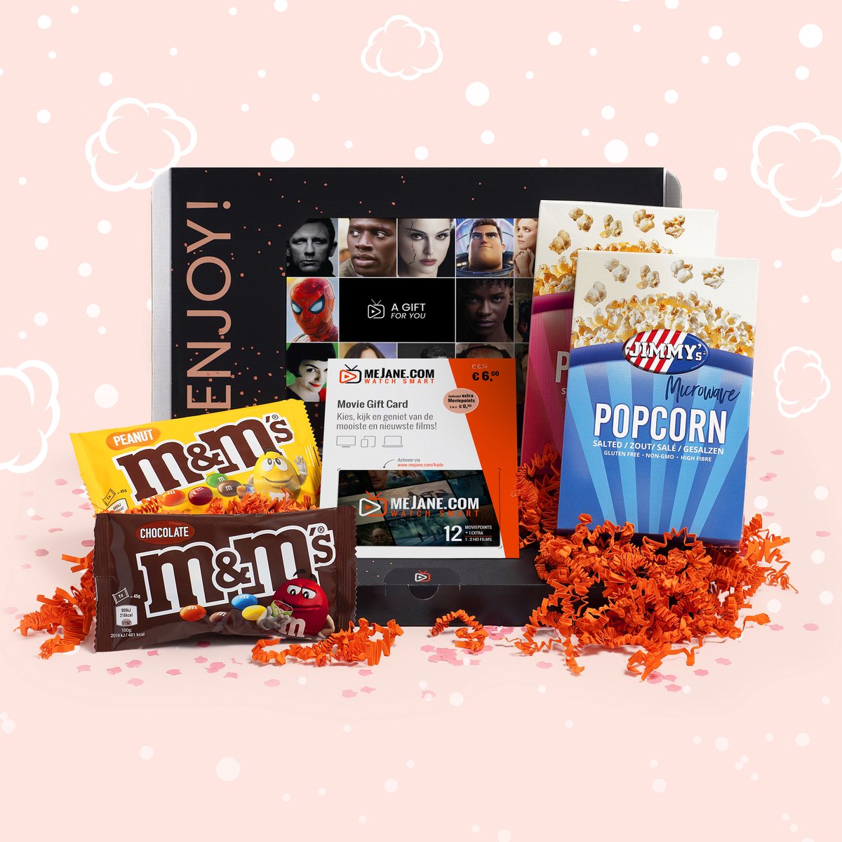 Filmpakket - Filmbox cadeau met Jimmy's popcorn, M&Ms, filmcadeaukaart voor een mooi avondje thuisbios - afbeelding 1