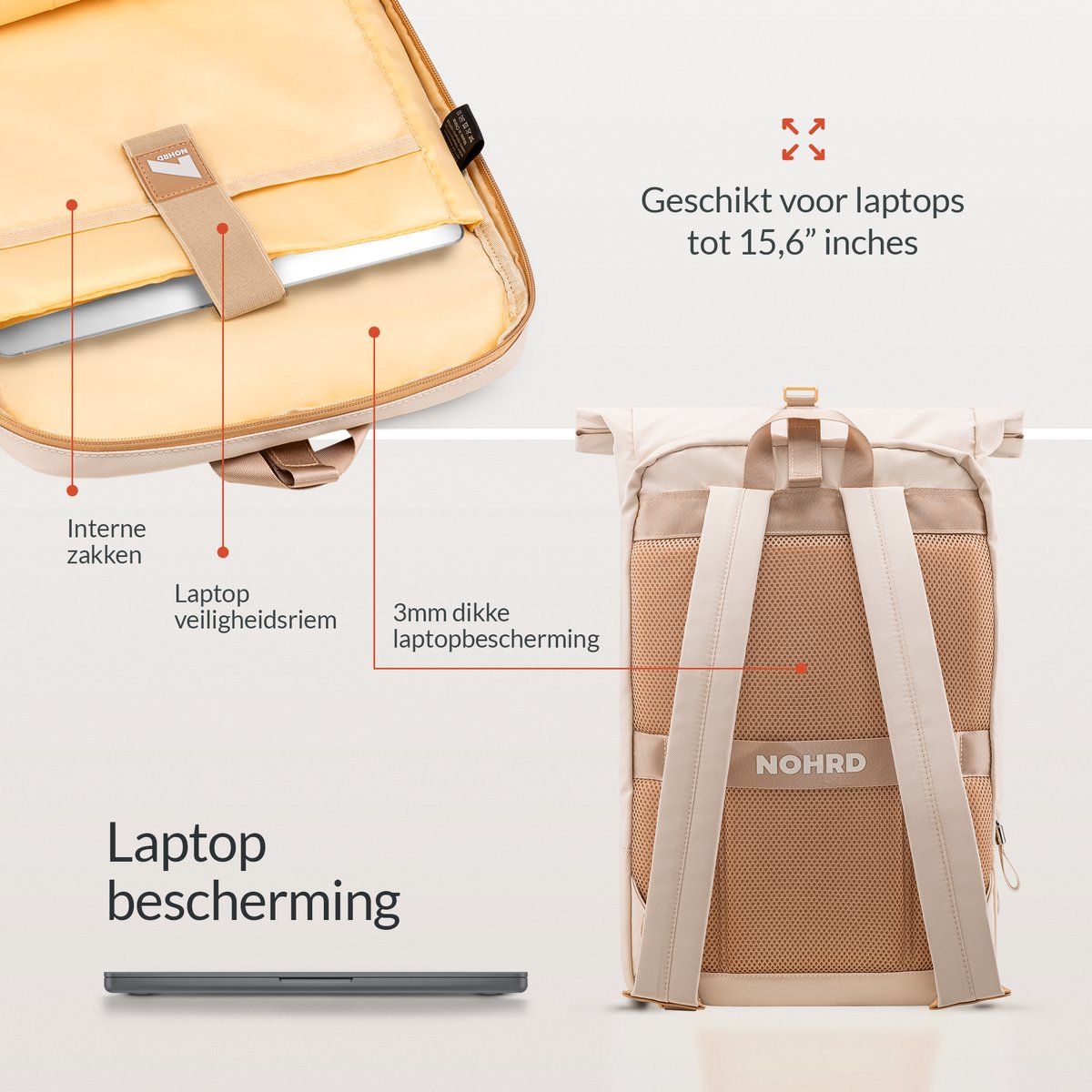 NOHRD Rolltop Laptop Rugzak - 20 tot 40 L - Laptoptas 15.6 Inch - Schooltas - Rugtas met Laptopvak - Dames & Heren - afbeelding 3