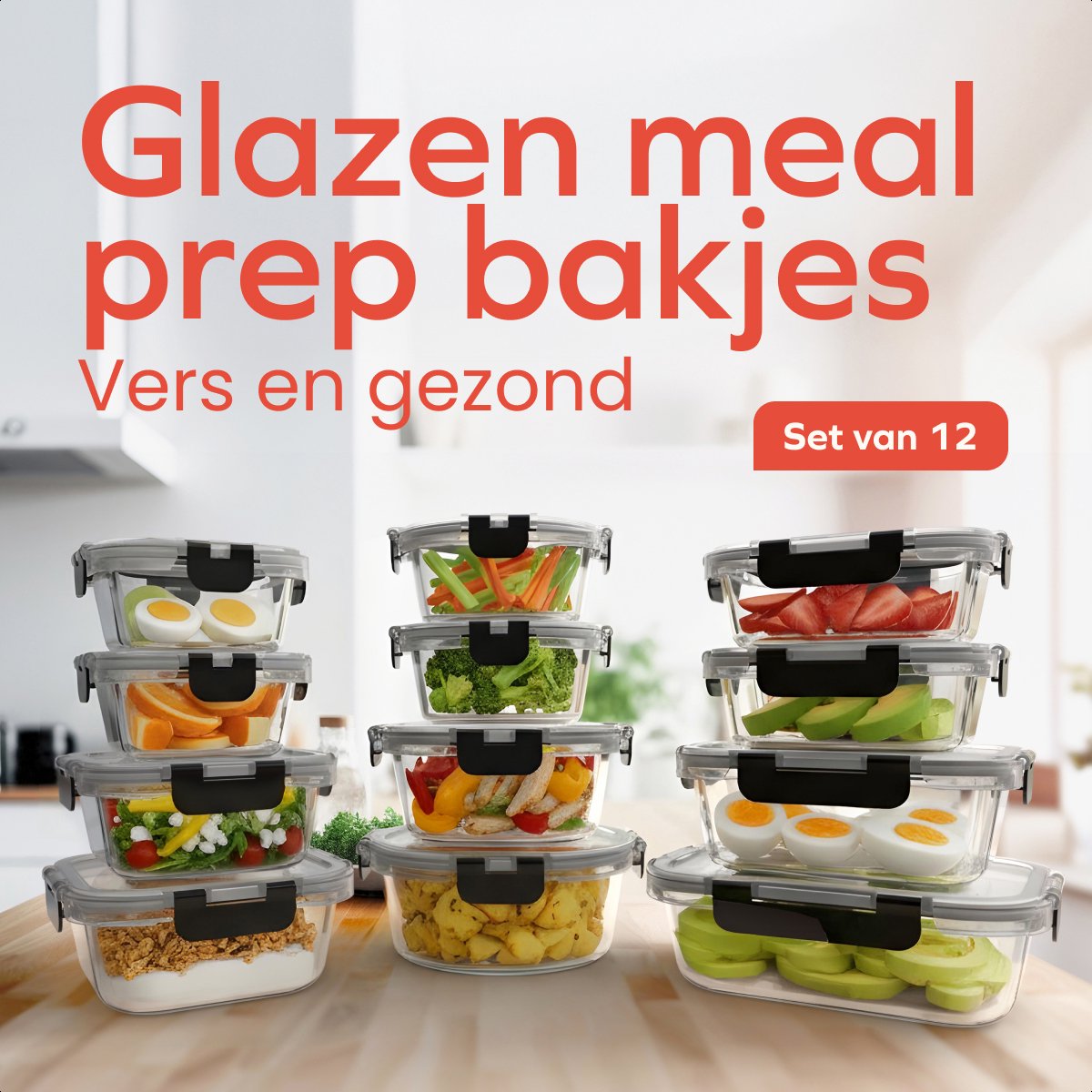 KitchenBrothers Meal Prep Bakjes Set - Glazen Vershoudbakjes - Luchtdicht - BPA-vrij - Diepvriesbakjes - Bewaarbakjes - 6,79L - Glas - 12 Stuks - afbeelding 2