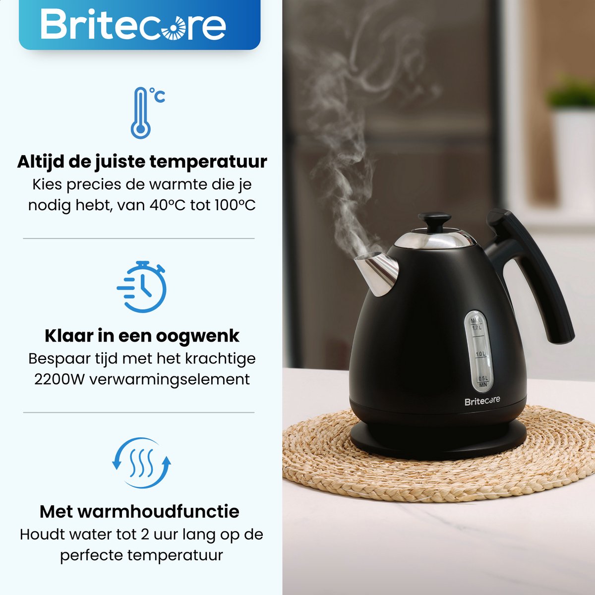 Waterkoker met Temperatuurregeling - Warmhoudfunctie - RVS - 1.7L - 40 tot 100°C - 2200W - Retro design - Zwart - Britecore - afbeelding 2