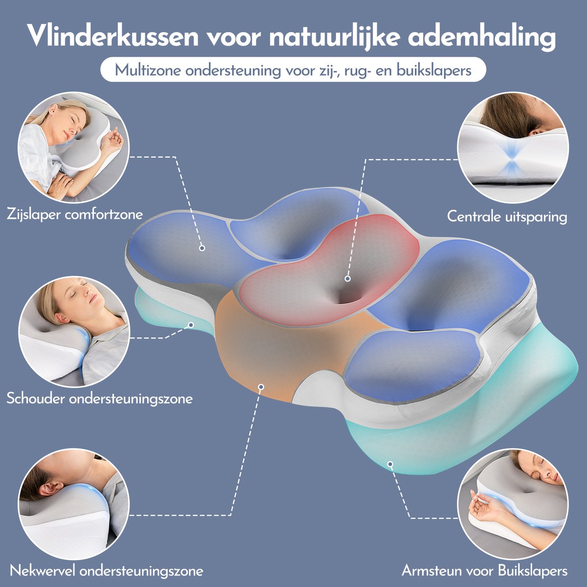 Anti Snurk Kussen – Vlinderkussen – Apneu Slaapkussen – Ademvrij Hoofdkussen – Slaap apneu Kussen – Traagschuim – 2 Hoogtes – 61x36cm – Douzle - afbeelding 2
