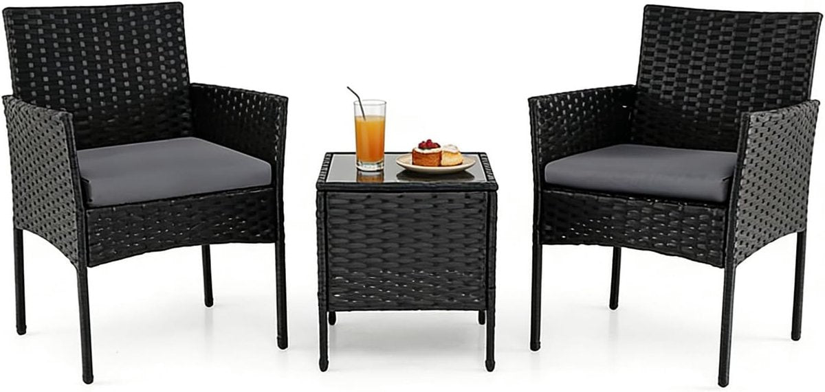 KOMFOTTEU 3-delige Tuinmeubelset, balkonmeubelset, PP-rotan met afneembare kussens, loungeset met 2 stoelen en tafe - afbeelding 1