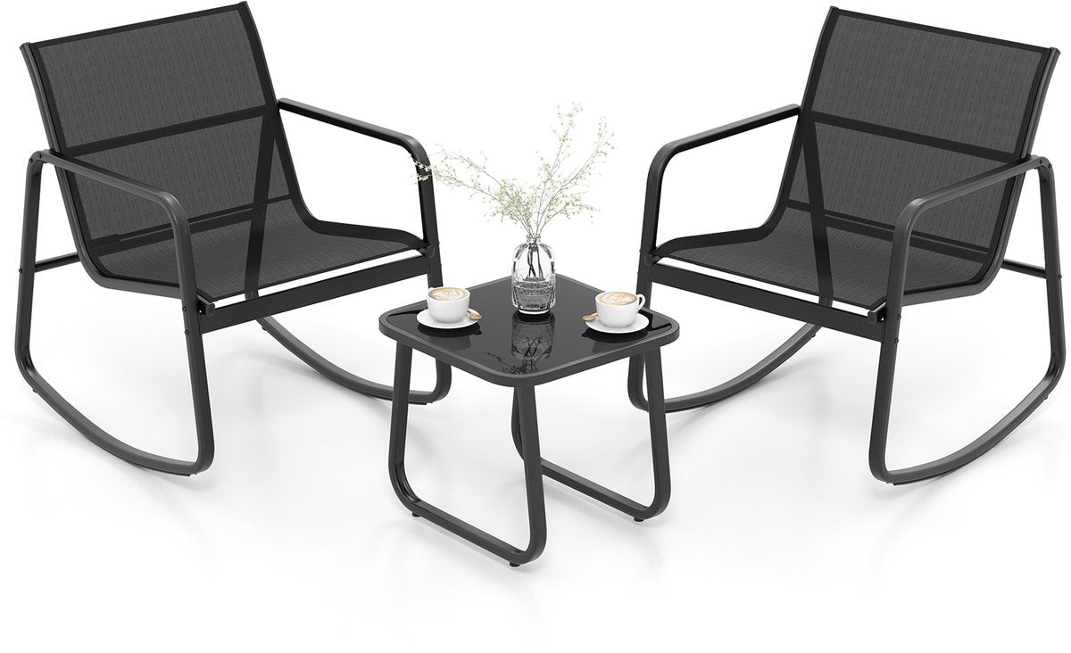 COSTWAY 3-delige tuinmeubelset, balkonset met 2 stoelen en tafel, balkonmeubels met zachte schommelbeweging, terras - afbeelding 1