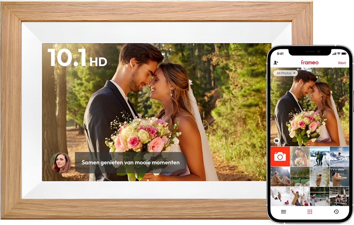 Digitale fotolijst met WiFi en Frameo App - 10.1 inch HD+ IPS Display - Fotokader met Touchscreen - 32GB - Bruin/Wit - Frameo digitale fotolijst - digitale fotokader - digitaal fotolijstje - afbeelding 1