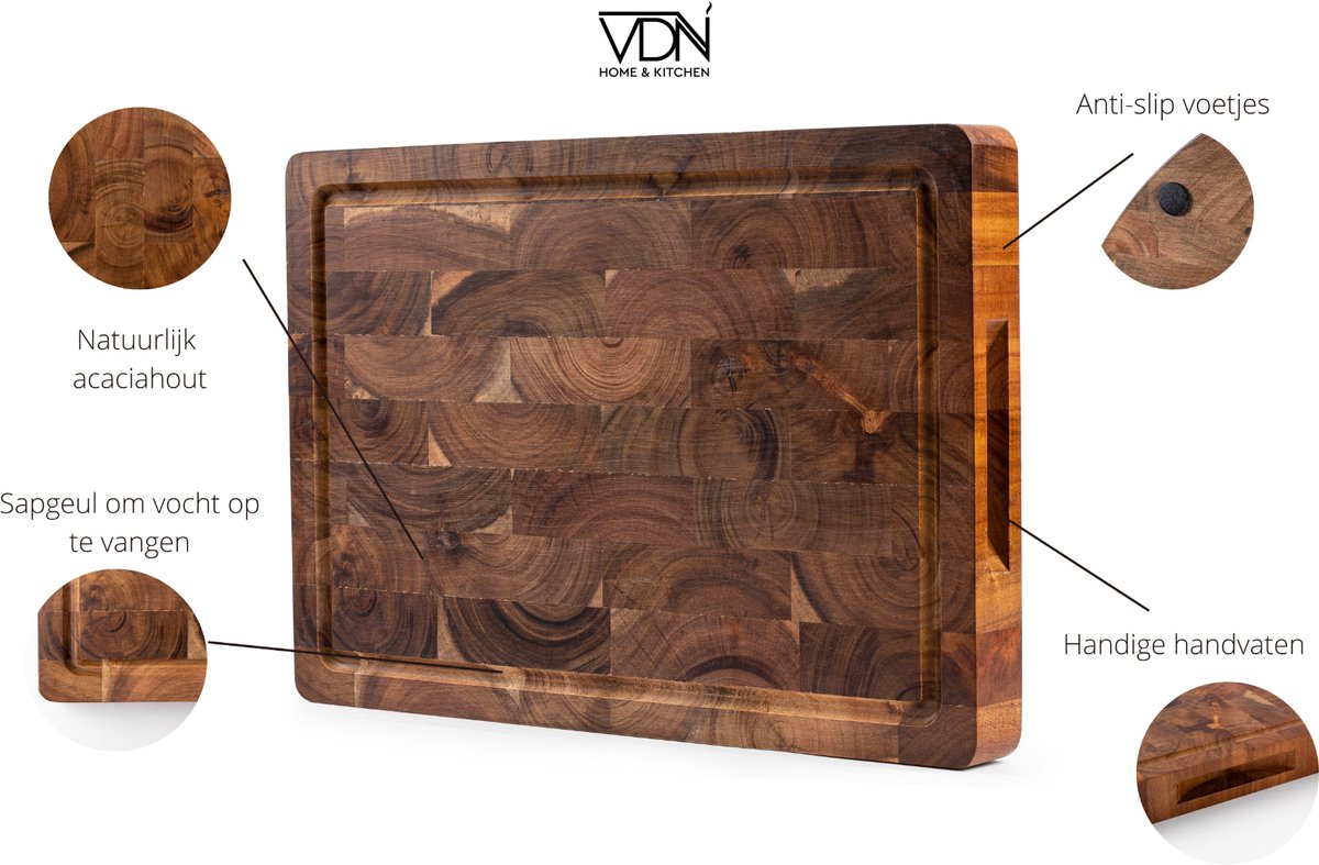 VDN Professionele Snijplank Acacia Hout met Sapgeul en Handvaten - Anti-slip Borrelplank - afbeelding 5
