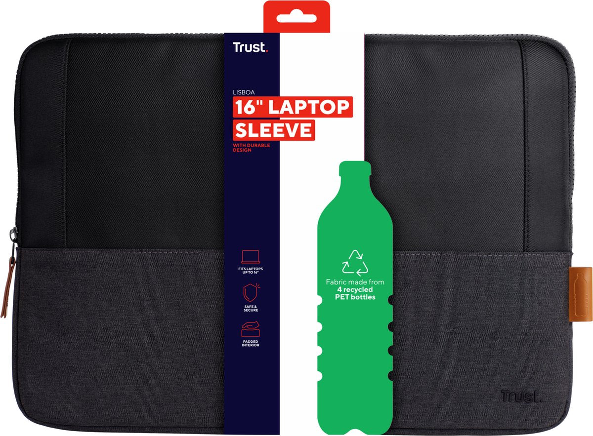 Trust Lisboa - Laptophoes - Laptop sleeve - 16 inch - Gerecycled materiaal - Zwart - afbeelding 4