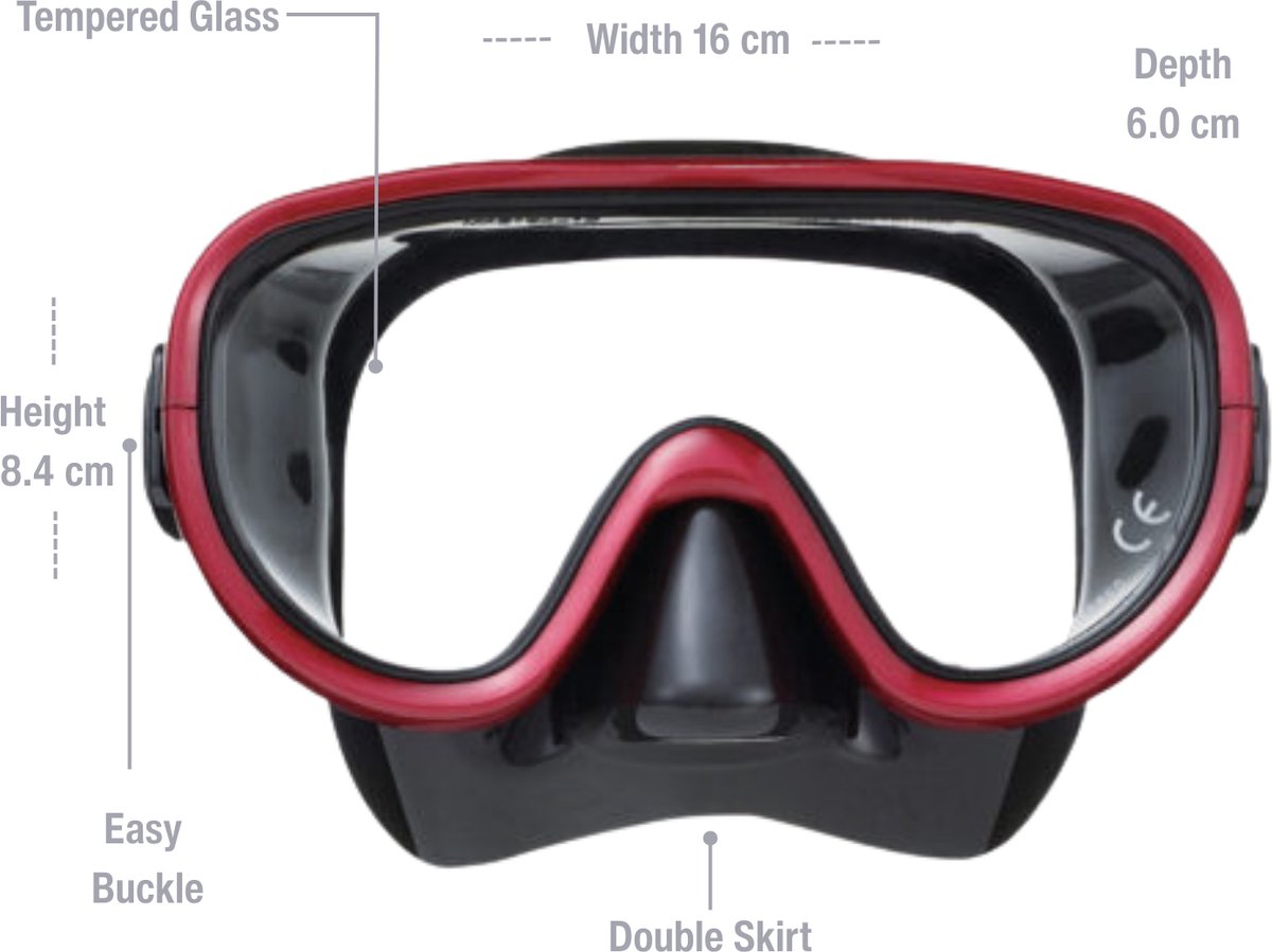 ReefTourer Snorkelset – Premium duikbril met snorkel, hypoallergene siliconen snorkelmasker één venster – Zwart/Rood– RC-0105-BK/MDR - afbeelding 5