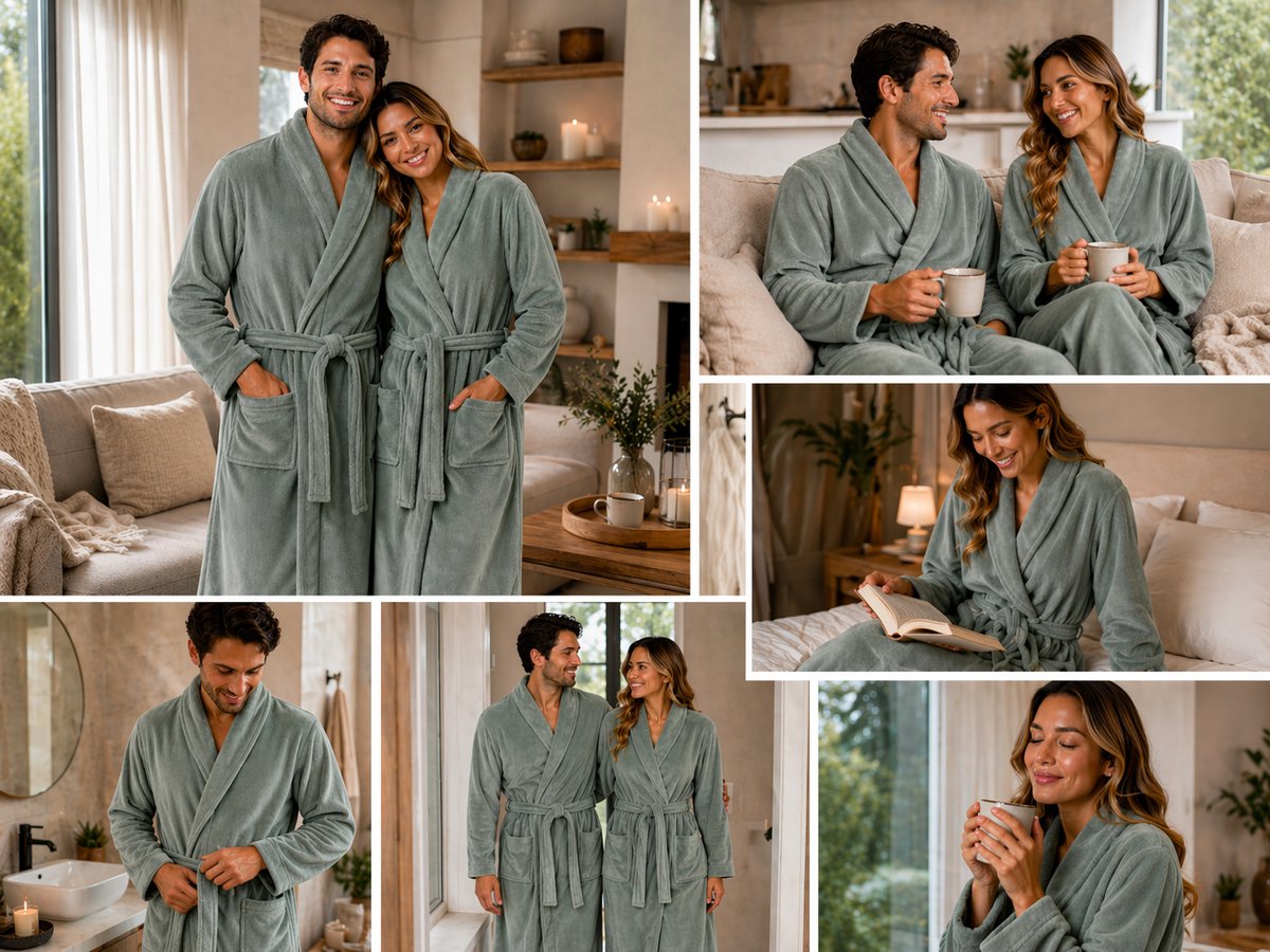 Unisex badjas fleece - ochtendjas - groen - afbeelding 4