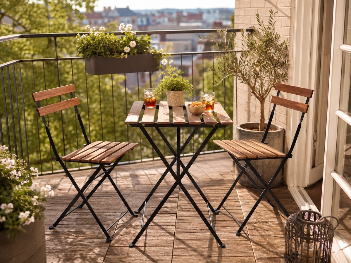 3-Delige Bistroset - Acaciahout / Metaal - 2 Tuinstoelen & 1 Tuintafel - Tuinset 2 persoons - Inklapbaar - afbeelding 2