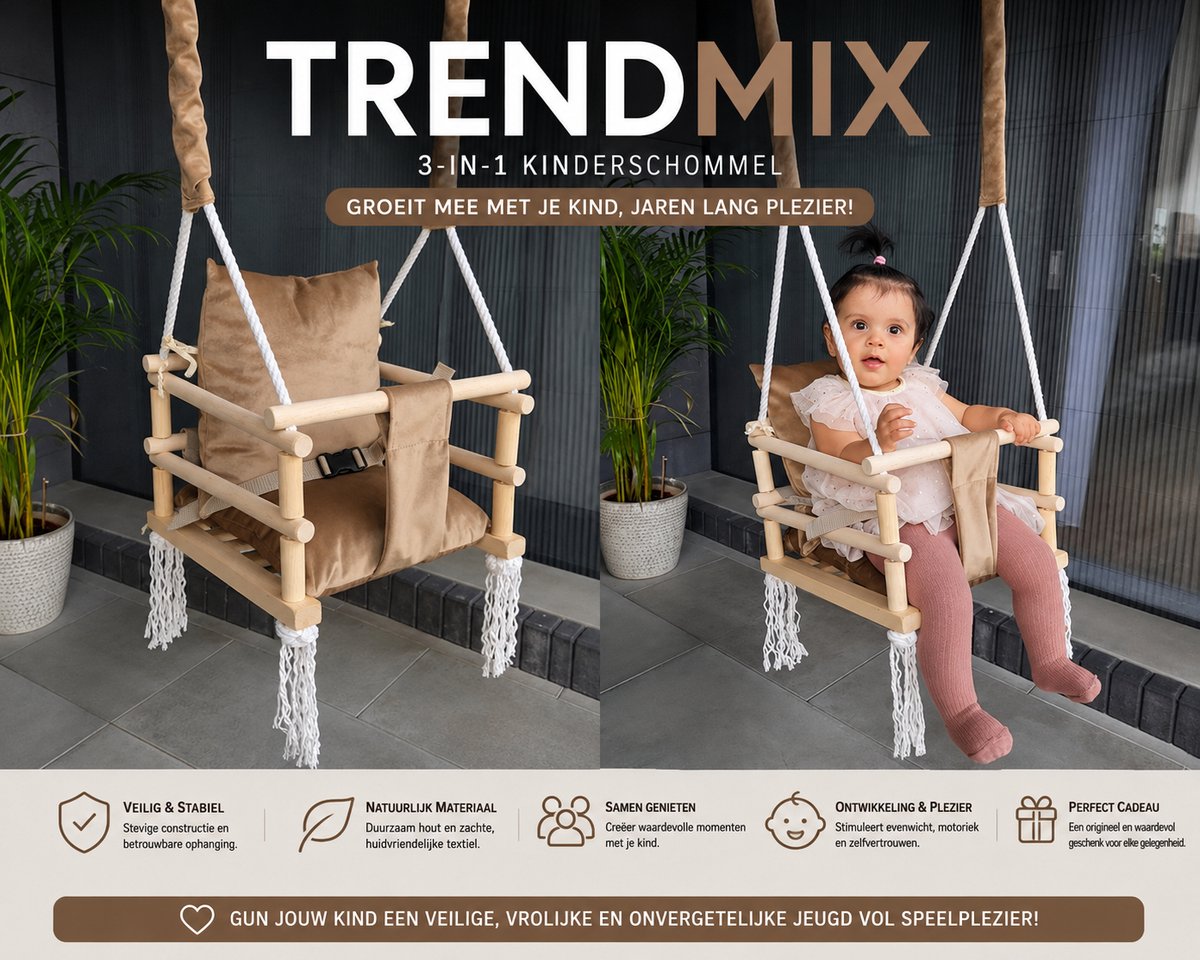 Trendmix Houten Babyschommel 3-in-1 – Meegroei Kinderschommel – Vanaf 8 Maanden – Beige/Bruin – Tot 25 kg - afbeelding 3