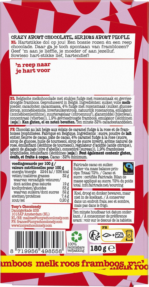 Tony's Chocolonely Lief chocoladereep - Chocoladecadeau- Melk Roos Framboos - Hart - 180 gram - afbeelding 2