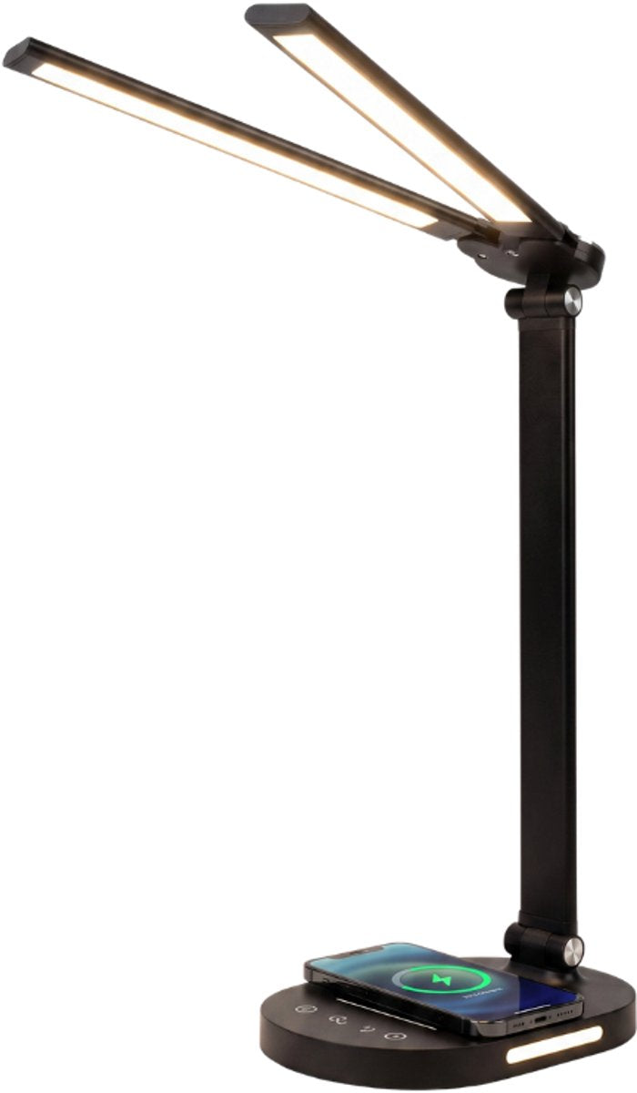 Stane Dubbele Bureaulamp LED Dimbaar - 2 Draaibare Lampenkoppen - 5 Lichtkleuren (2700K-6000K) - Touchbediening - USB Oplader - Tafellamp - Werklamp - Zwart - afbeelding 1