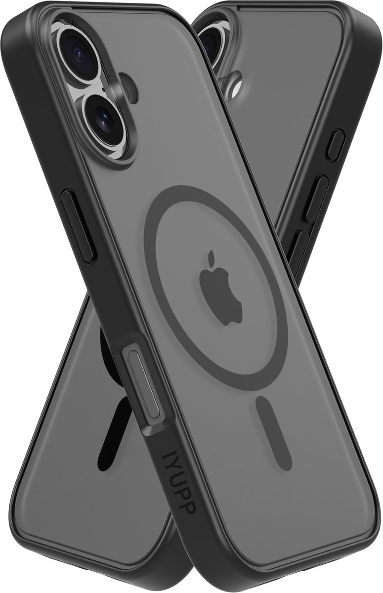 IYUPP Hoesje Geschikt voor iPhone 16 Hoesje - Geschikt voor MagSafe - Shockproof Back Cover - Mat Zwart Transparant - afbeelding 1