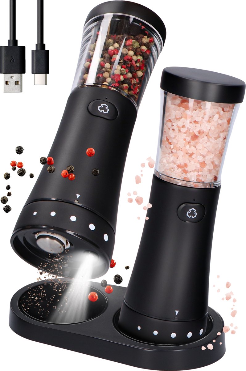 Deleca Elektrisch Peper en Zoutmolen Set Gustaro - 130ml Opslag Capaciteit - Luxe Zout & Pepermolen Stel - Instelbare Maalgraad - Geschenkverpakking Kerst / Sinterklaas Cadeau - USB Oplaadbaar / Zwart - afbeelding 1