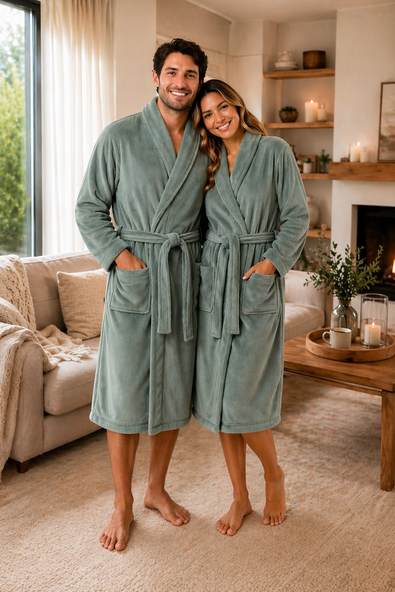 Unisex badjas fleece - ochtendjas - groen - afbeelding 3