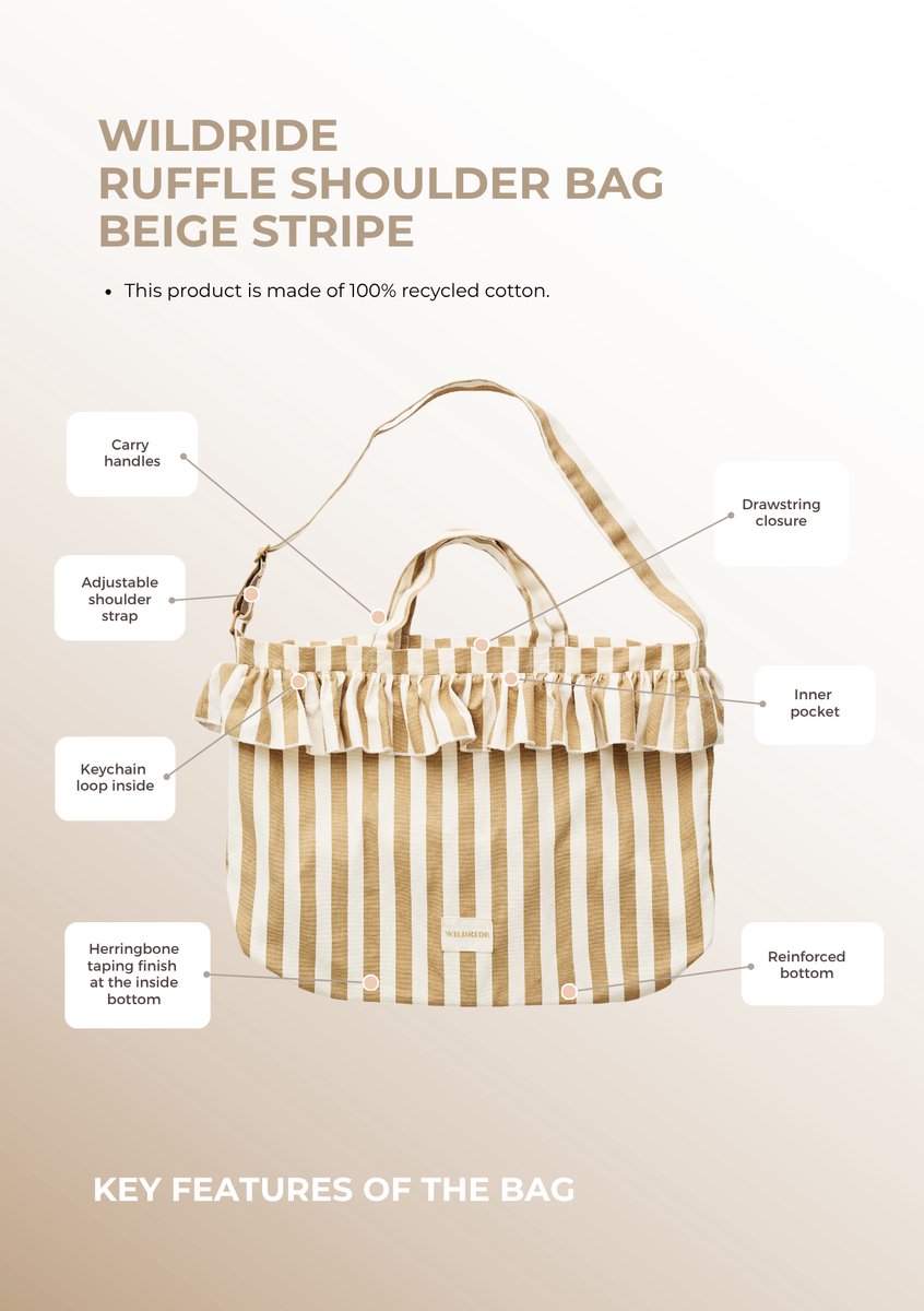 Wildride® Schoudertas met Ruches - Stijlvolle Damestas van Gerecycled Katoen - Shopper - Beige Streep - afbeelding 2