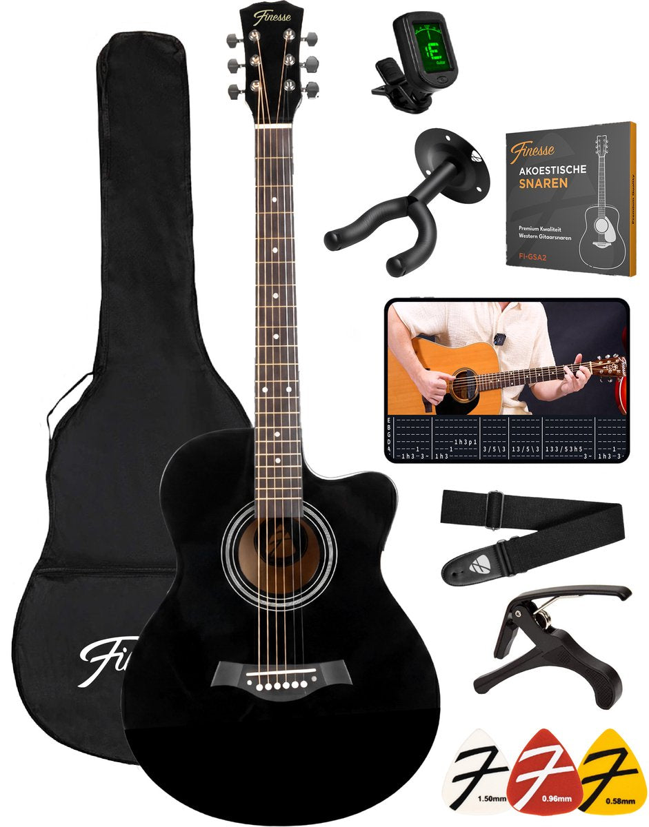 Finesse Akoestische Gitaar - met Videocursus - 4/4 40" - Western Gitaar - Gitaar Kind & Volwassenen - Zwart - afbeelding 1