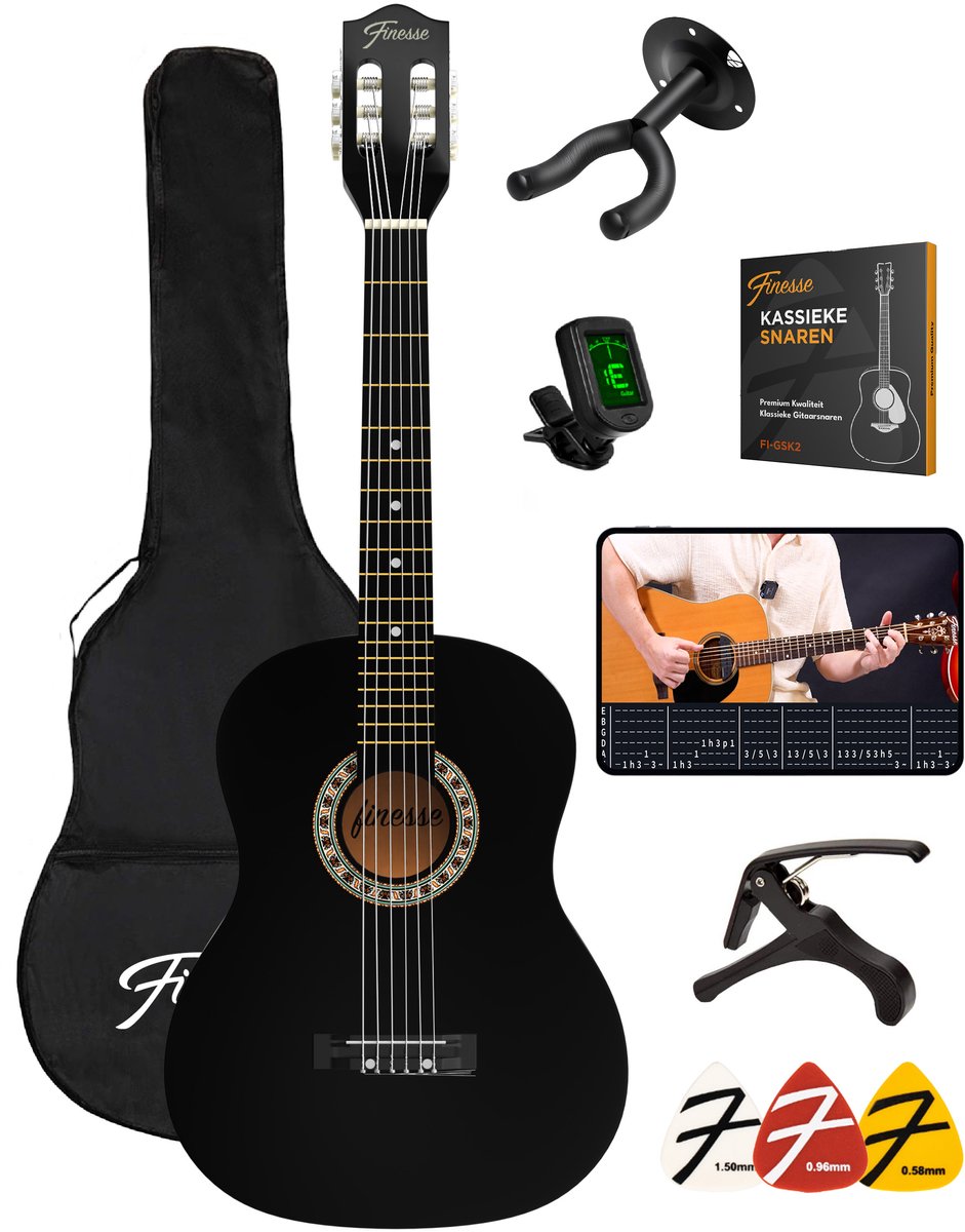 Finesse Akoestische Gitaar - met Videocursus - Nylon Snaren - Klassieke Gitaar - Spaanse Gitaar - Kind - Volwassenen - Zwart - afbeelding 1