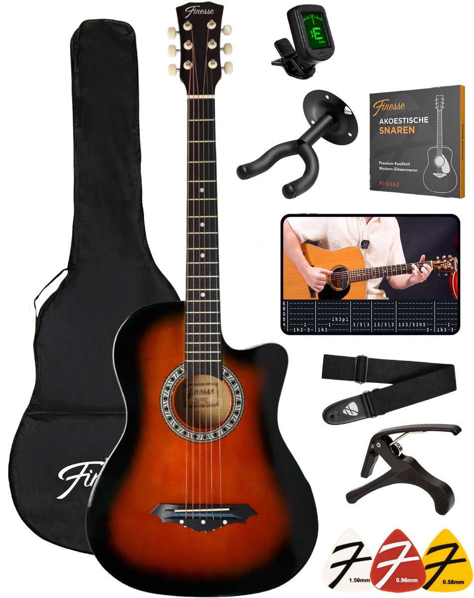 Finesse Akoestische Gitaar - met Videocursus - Western Gitaar - Gitaar Kind & Volwassenen - Sunburst - afbeelding 1