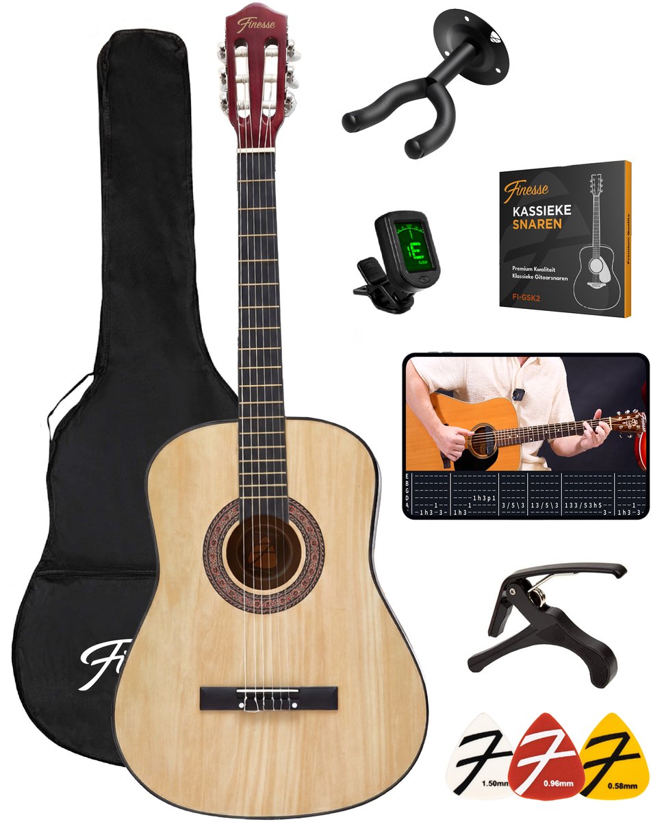 Finesse Akoestische Gitaar - met Videocursus - Nylon Snaren - Klassieke Gitaar - Spaanse Gitaar - Kind - Volwassenen - Naturel - afbeelding 1