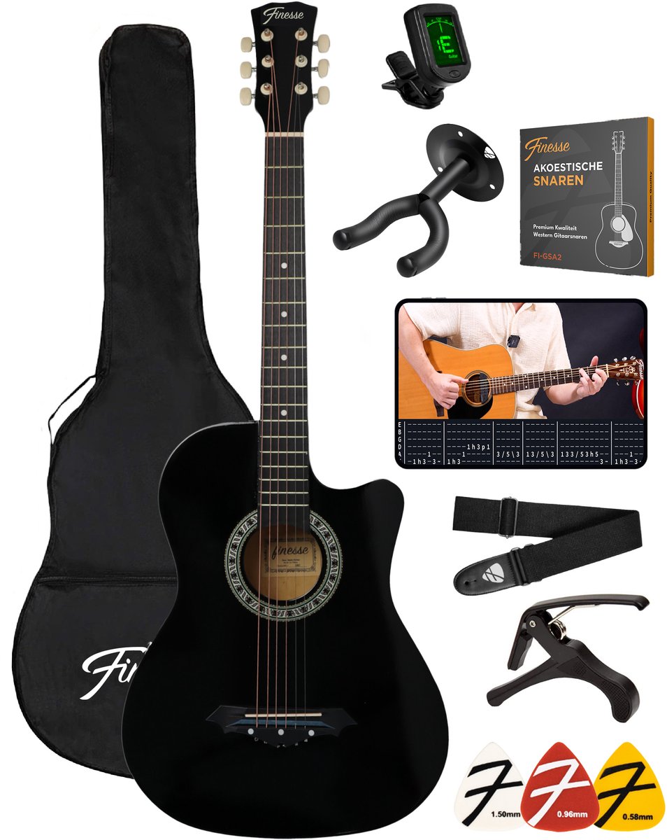 Finesse Akoestische Gitaar - met Videocursus - Western Gitaar - Gitaar Kind & Volwassenen - Zwart - afbeelding 1