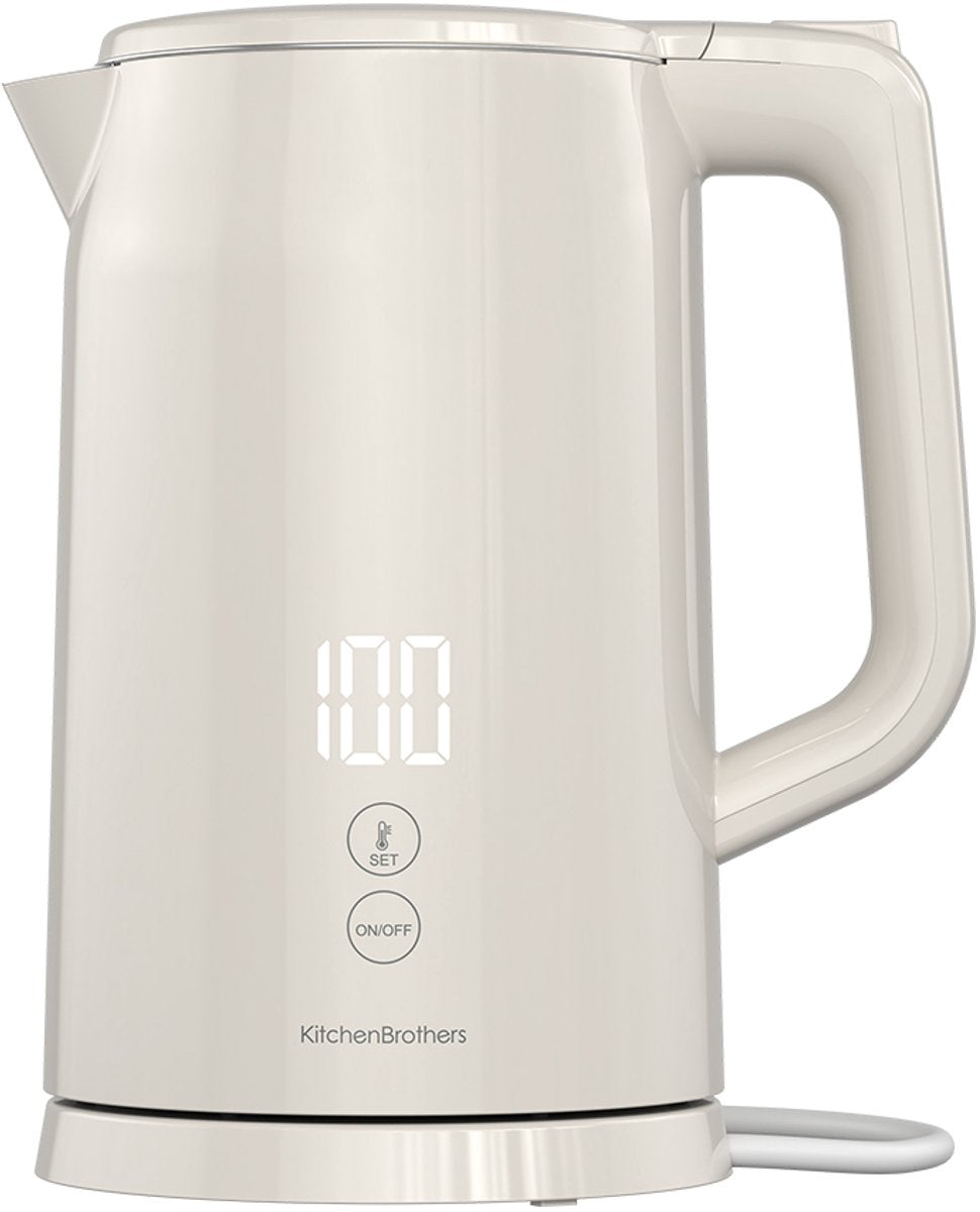 KitchenBrothers Waterkoker - 1.7L - Met Temperatuurregeling - PFAS- & BPA-vrij - Warmhoudfunctie - Display - Dubbelwandig - 2200W - Beige - afbeelding 1